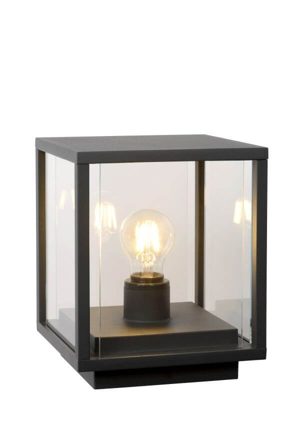 Borne carrée noire avec verre transparent et ampoule visible, fond blanc, vue de trois quarts.
