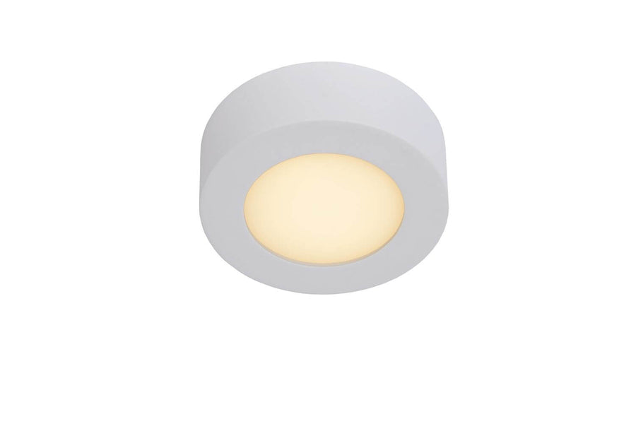 Vue de trois quarts du plafonnier cylindrique blanc, diffuseur jaune pâle