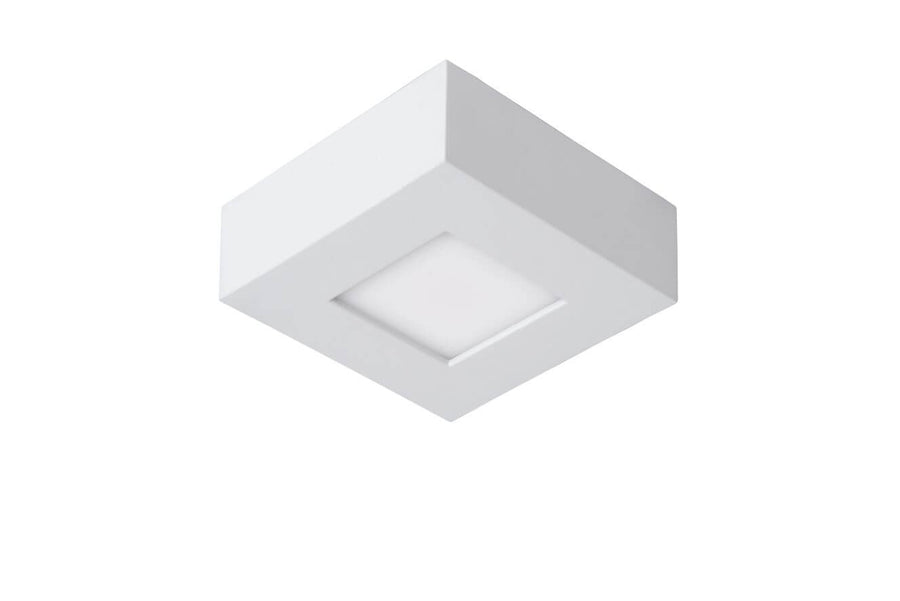 Vue de trois quarts du plafonnier carré blanc éteint, diffuseur blanc translucide.