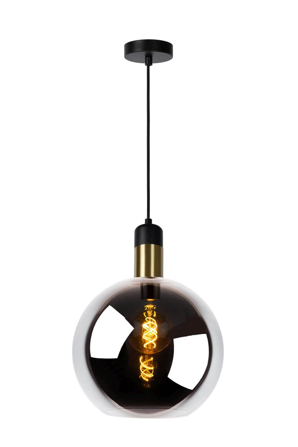 Produit seul sur fond blanc, suspension en verre fumé avec douille noire et laiton