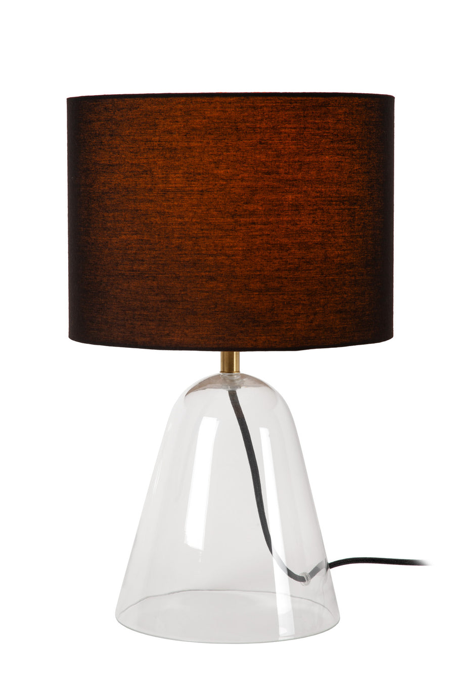 Gros plan sur l'abat-jour en tissu marron et la base conique en verre