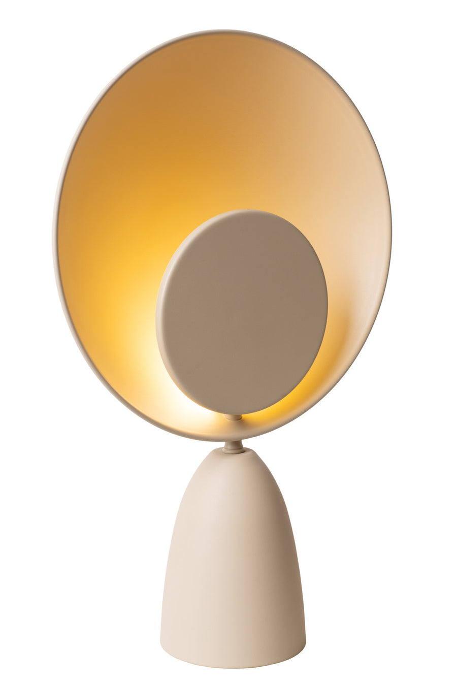 Vue de face rapprochée sur fond blanc, disque central taupe et halo lumineux