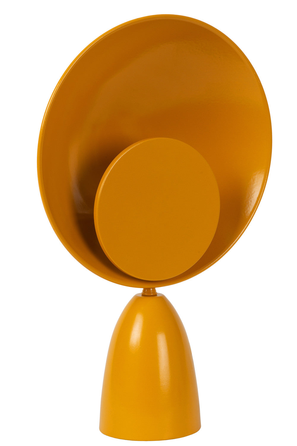 Face du luminaire éteint, disque jaune et socle conique en finition brillante