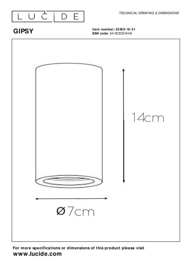 Schéma technique coté indiquant 14 cm de hauteur et 7 cm de diamètre