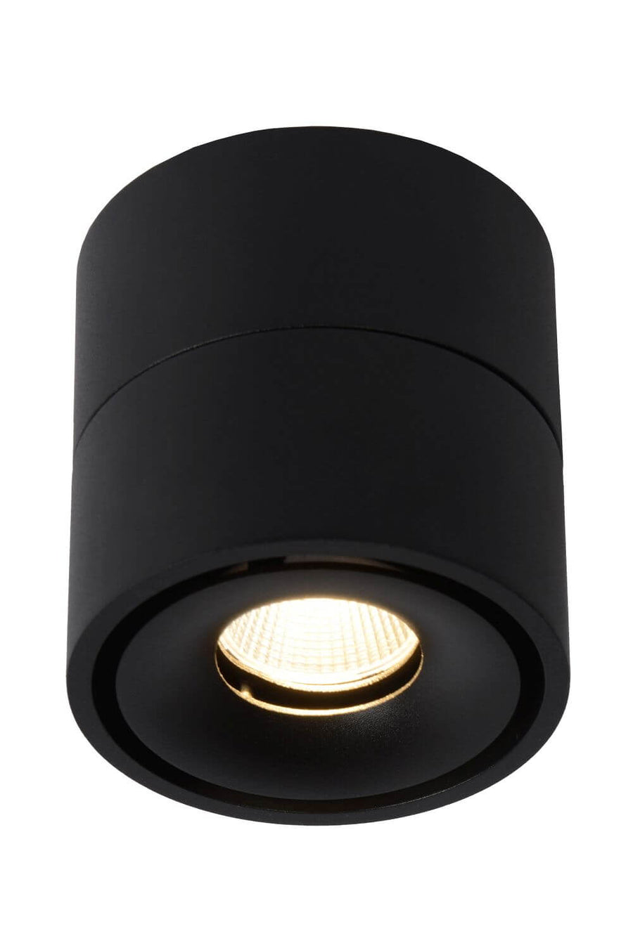 Vue de dessous du spot cylindrique noir, LED allumée et diffuseur strié