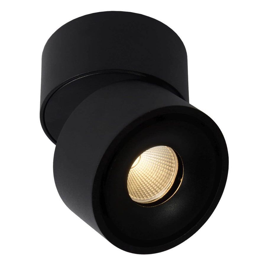 Spot noir incliné, montrant la rotule orientable et la LED en fonctionnement