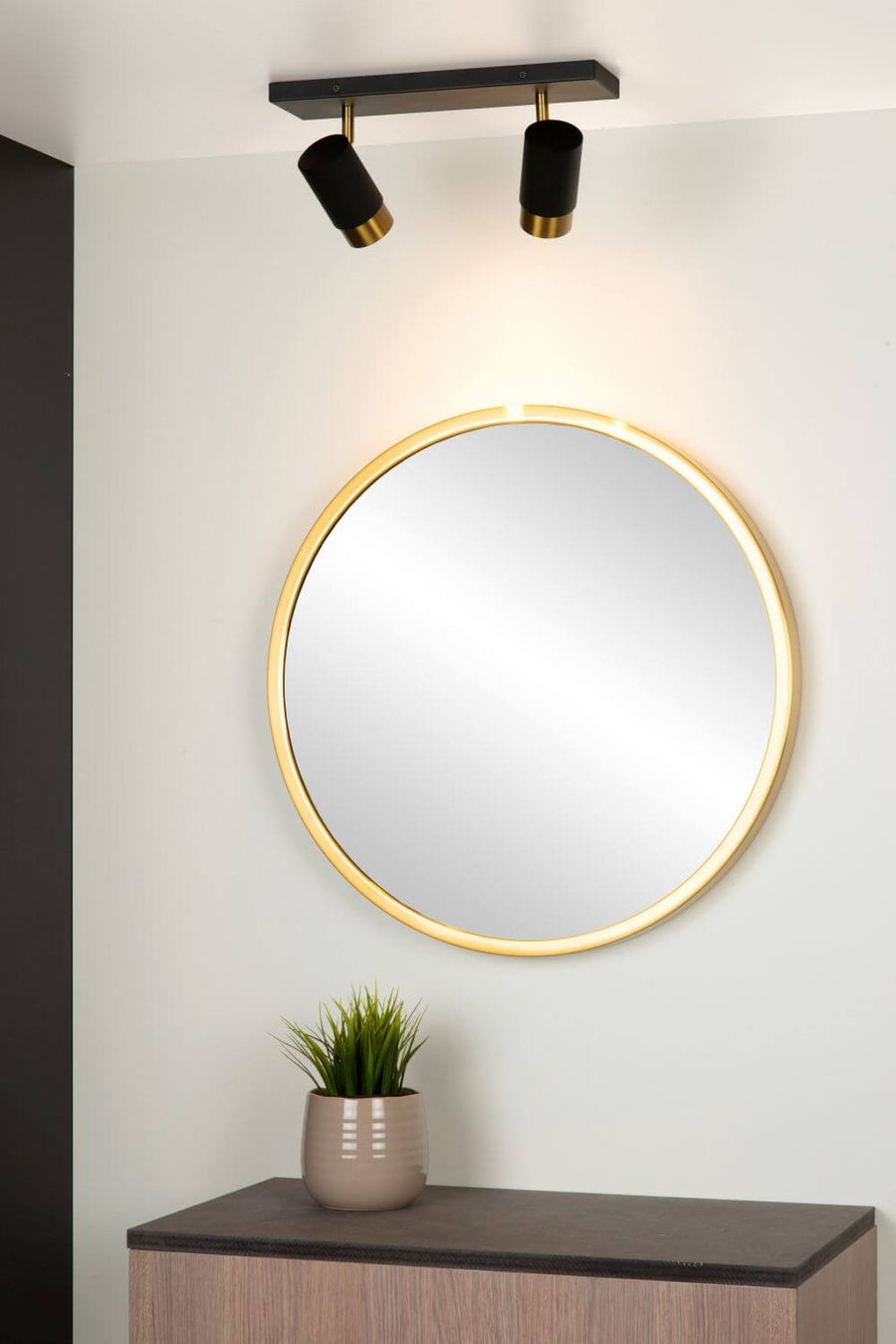 Le luminaire fixé au plafond éclaire un miroir rond doré et une plante verte.