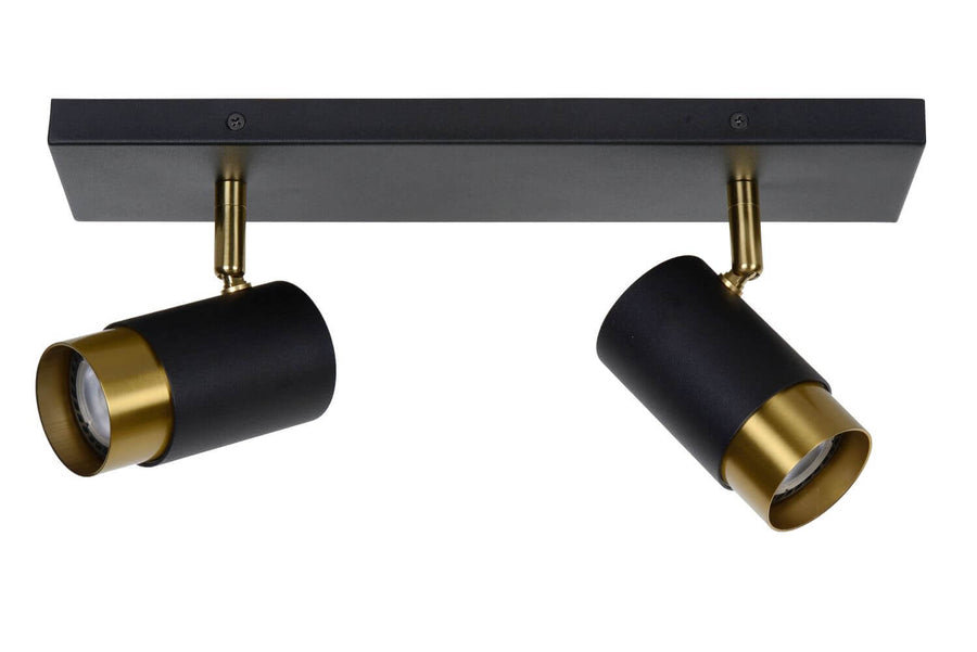 Détail des deux têtes cylindriques avec ampoules apparentes et finition noir mat et doré.