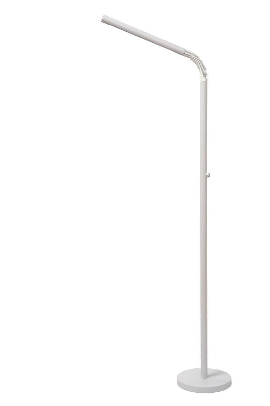 Présentation du lampadaire blanc droit, tige cylindrique et tête orientable vers le bas.
