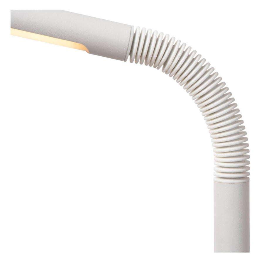 Détail du col flexible blanc et de la bande LED jaune sous la tête.