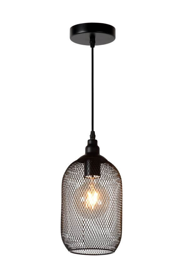 Produit isolé sur fond blanc, suspension noire avec câble et rosace de plafond.