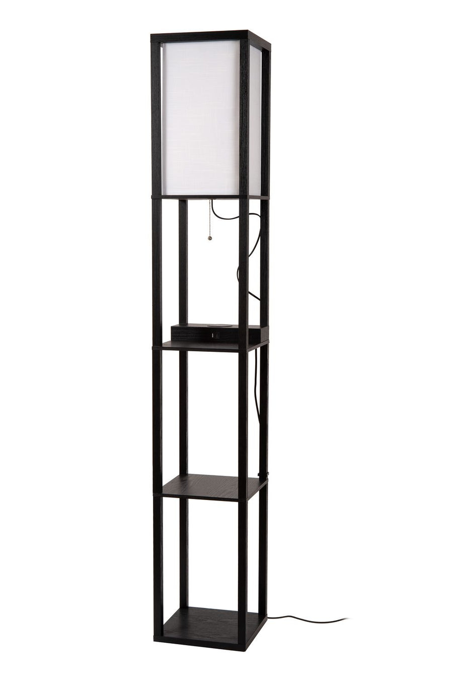 Lampadaire éteint présenté de face sur fond blanc, abat-jour coton et structure noire