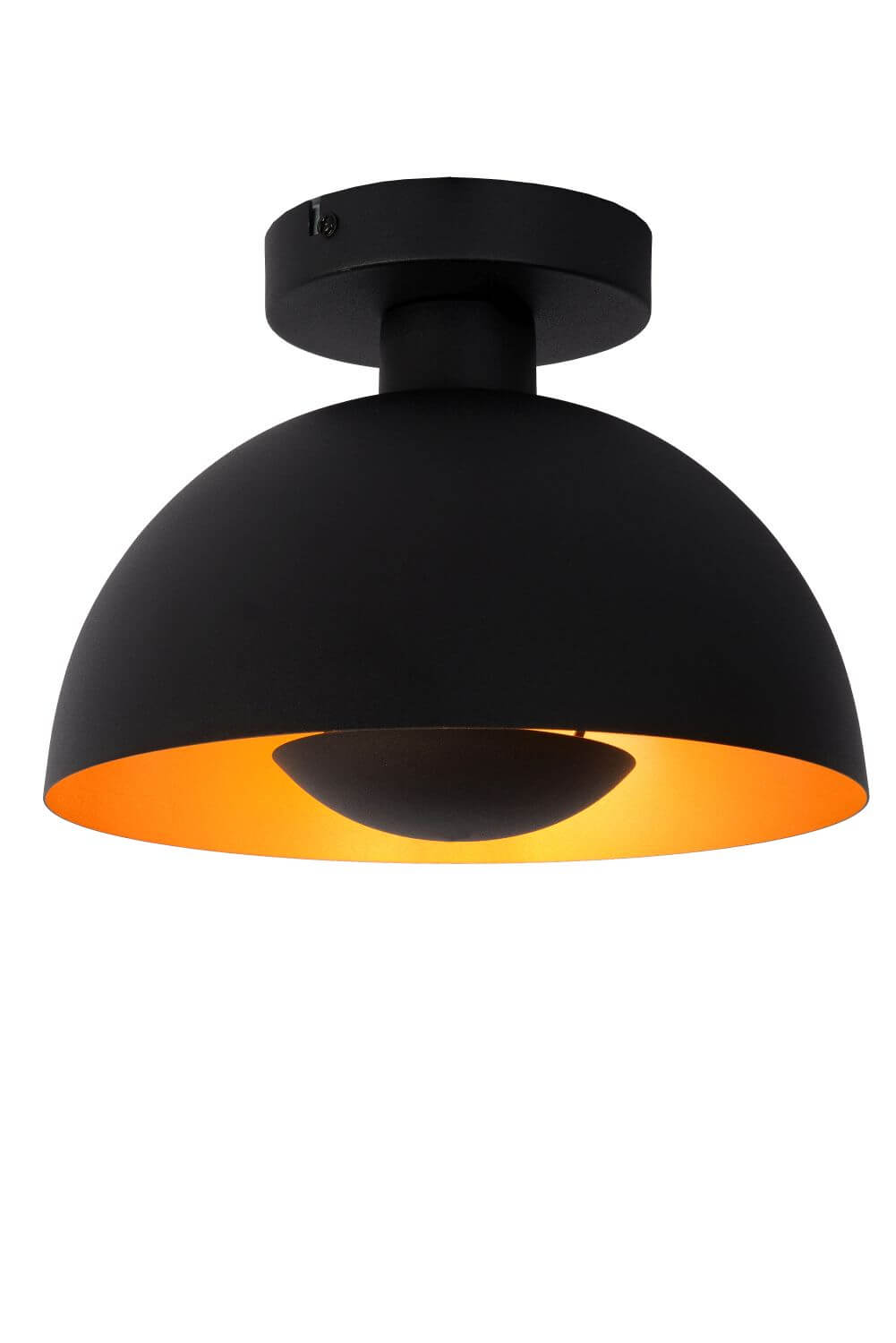 Plafonnier Siemon noir de face, abat-jour bombé et intérieur doré sur fond blanc.