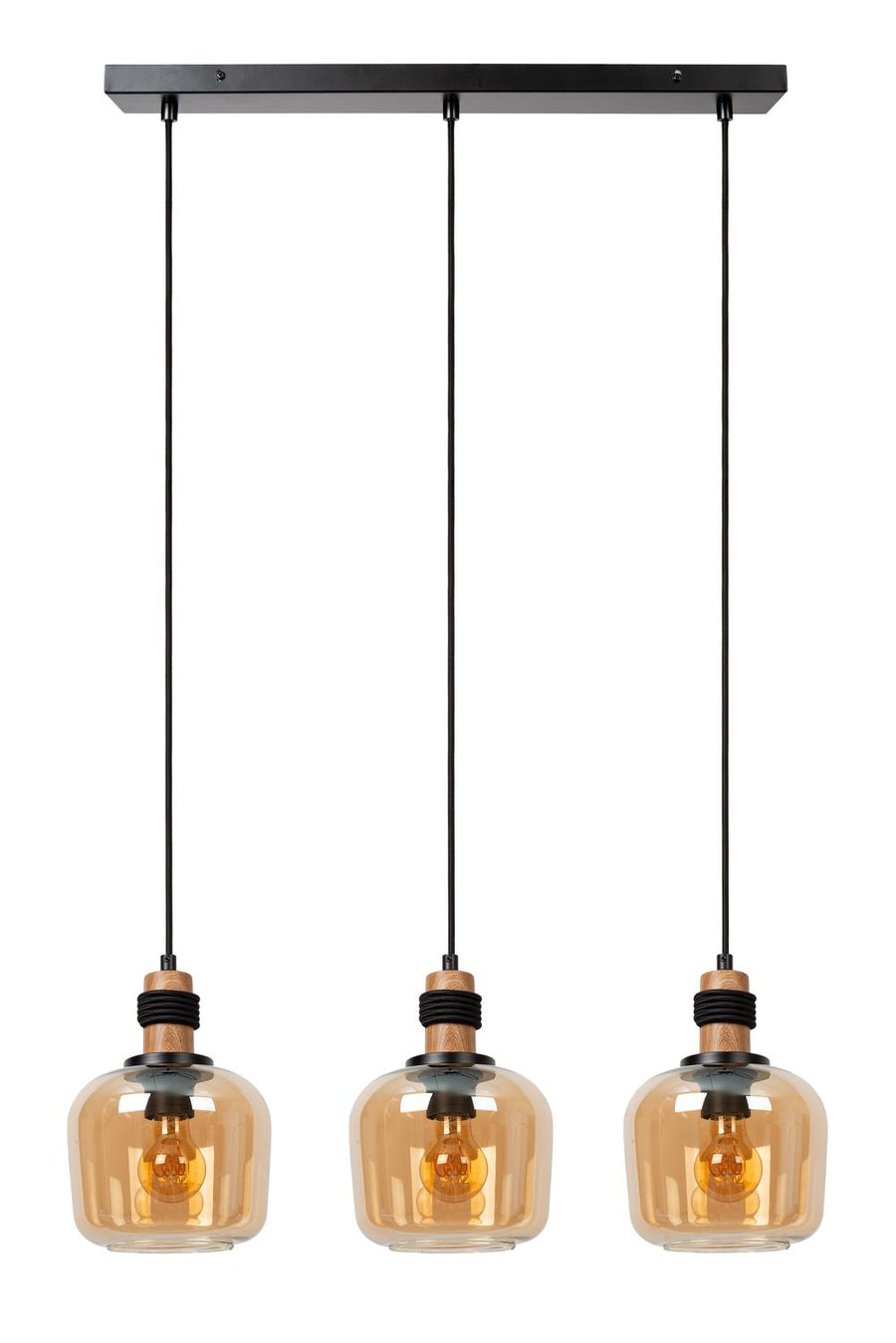 Suspension présentée de face sur fond blanc, trois globes en verre identiques