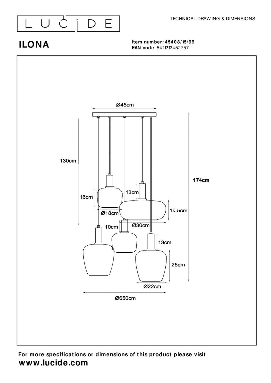 Schéma technique coté de la suspension avec hauteurs et diamètres.
