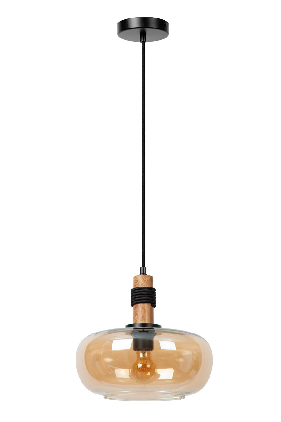 Suspension présentée de face avec câble textile noir et structure en bois clair