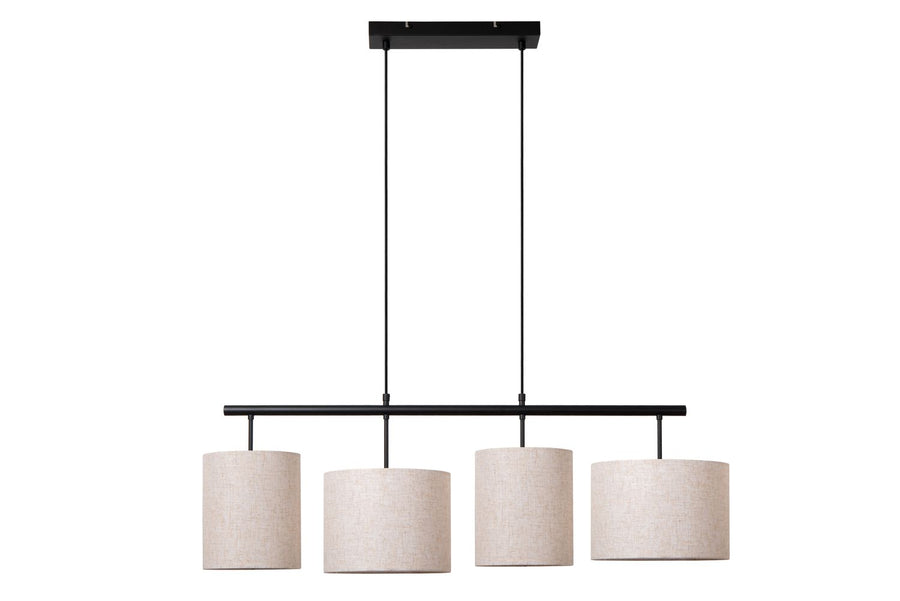 Présentation du luminaire entier avec sa structure noire et ses quatre abat-jours en tissu.