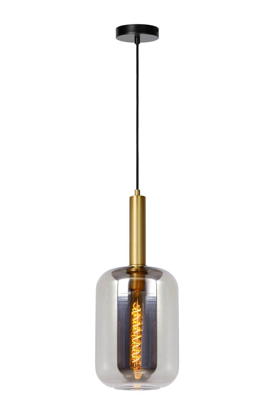 Vue de face du luminaire suspendu avec câble noir, tige laiton et verre fumé