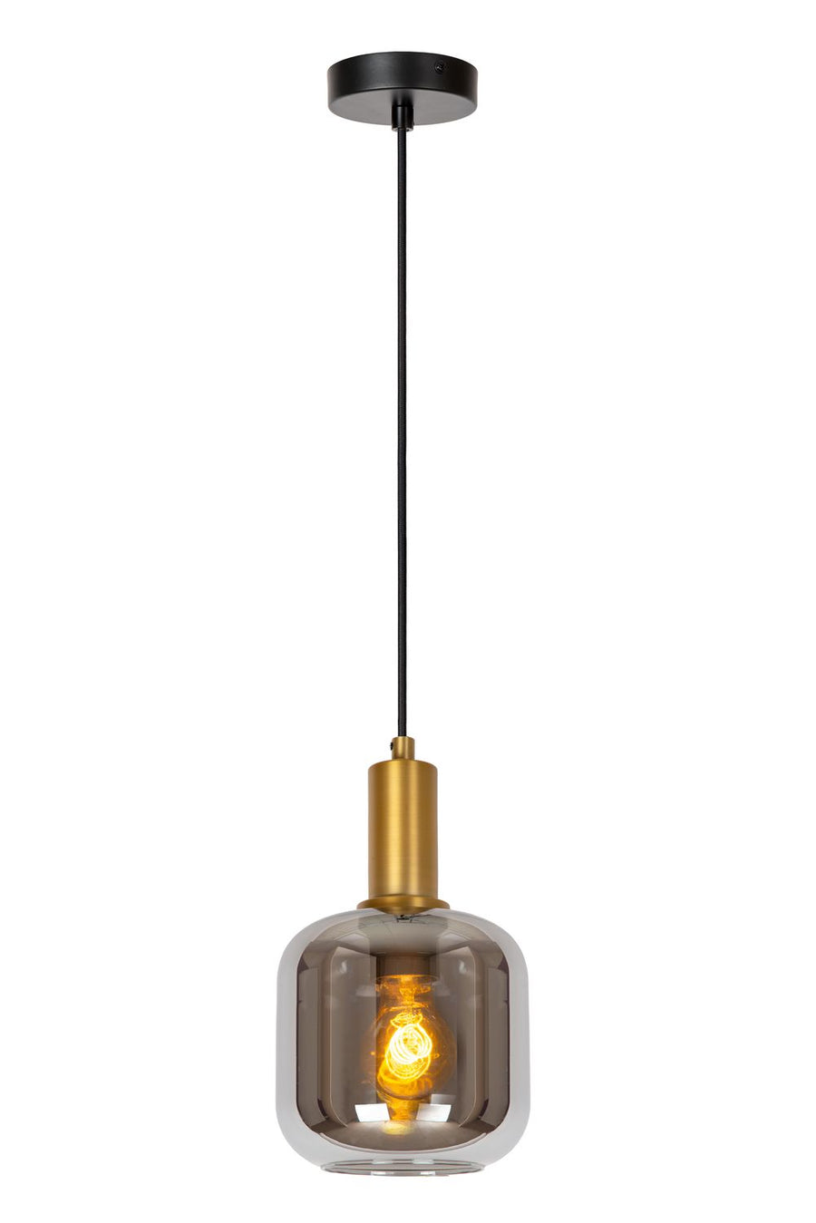 Vue de face de la suspension avec verre fumé, câble textile noir et douille laiton.