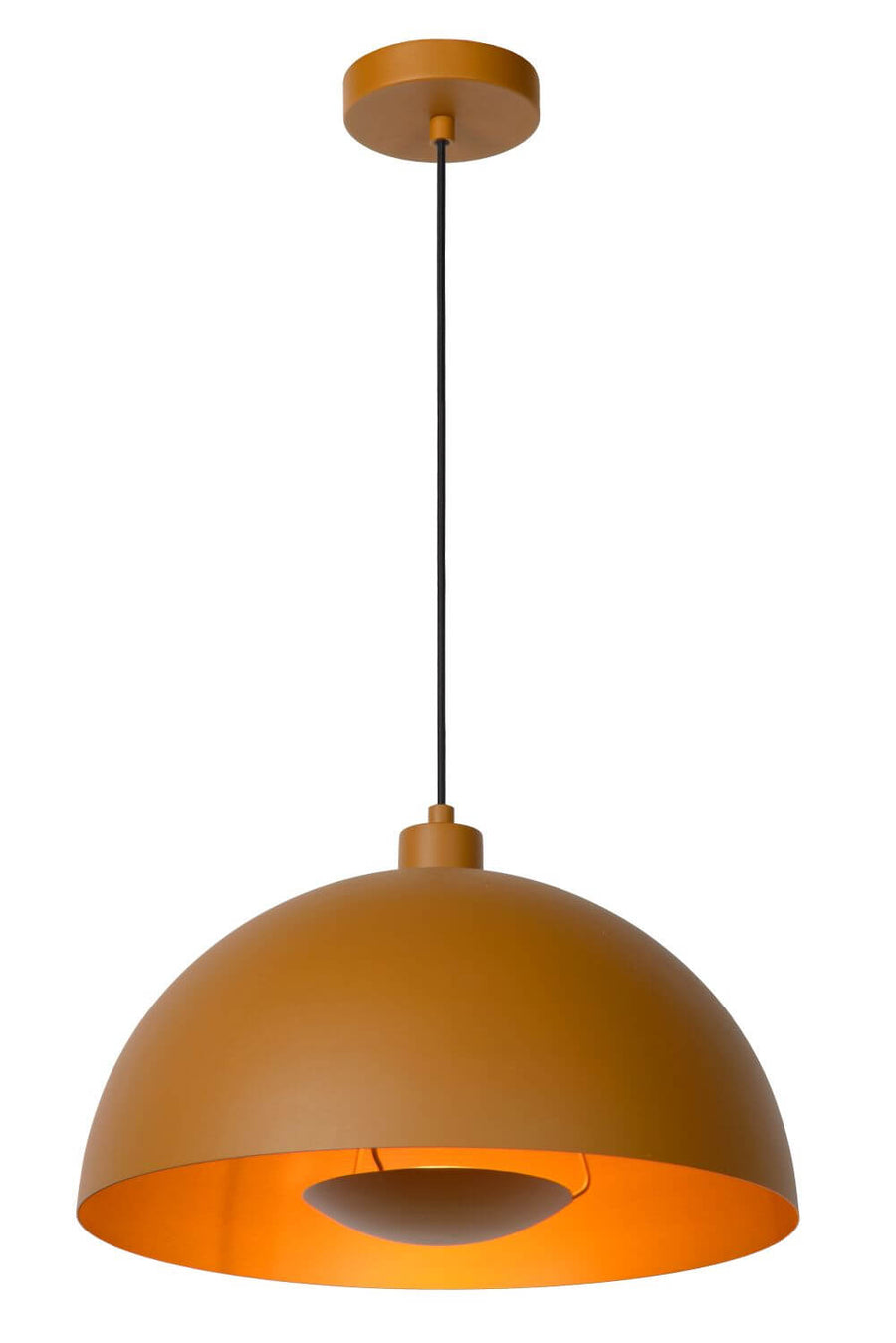 Produit seul sur fond blanc, abat-jour demi-sphère jaune doré mat.