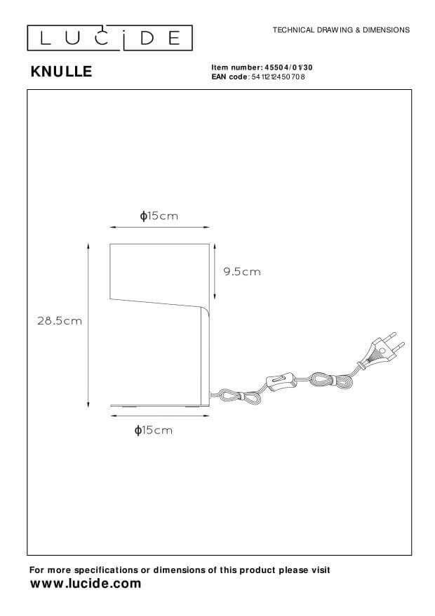 Schéma technique coté du luminaire avec ses dimensions et le câble d'alimentation.