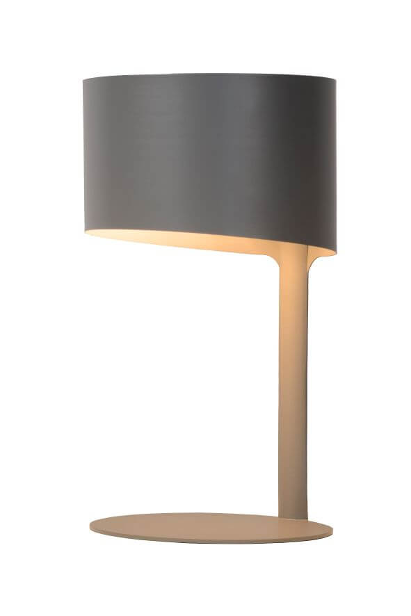 Produit de face sur fond blanc, abat-jour gris cylindrique et pied clair