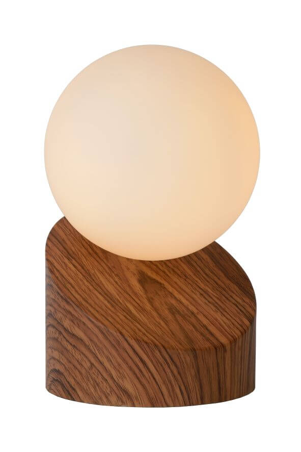 Lampe éteinte vue de face, base cylindrique en bois et sphère blanche