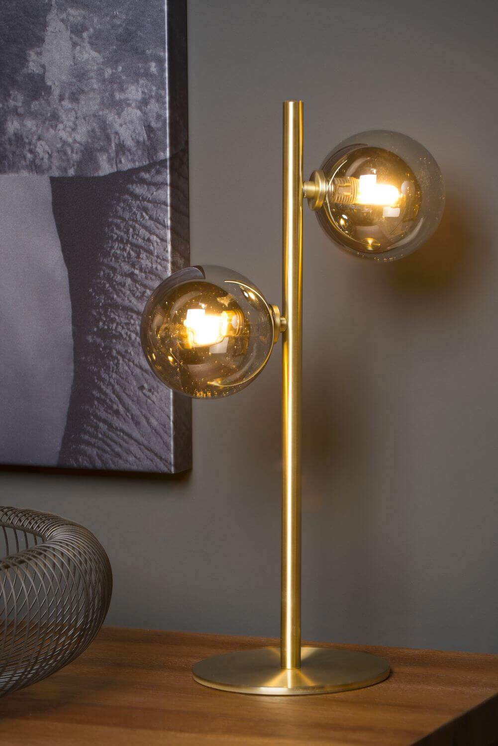 Lampe à poser Tycho 2 lumières dorée mat et fumée, verre