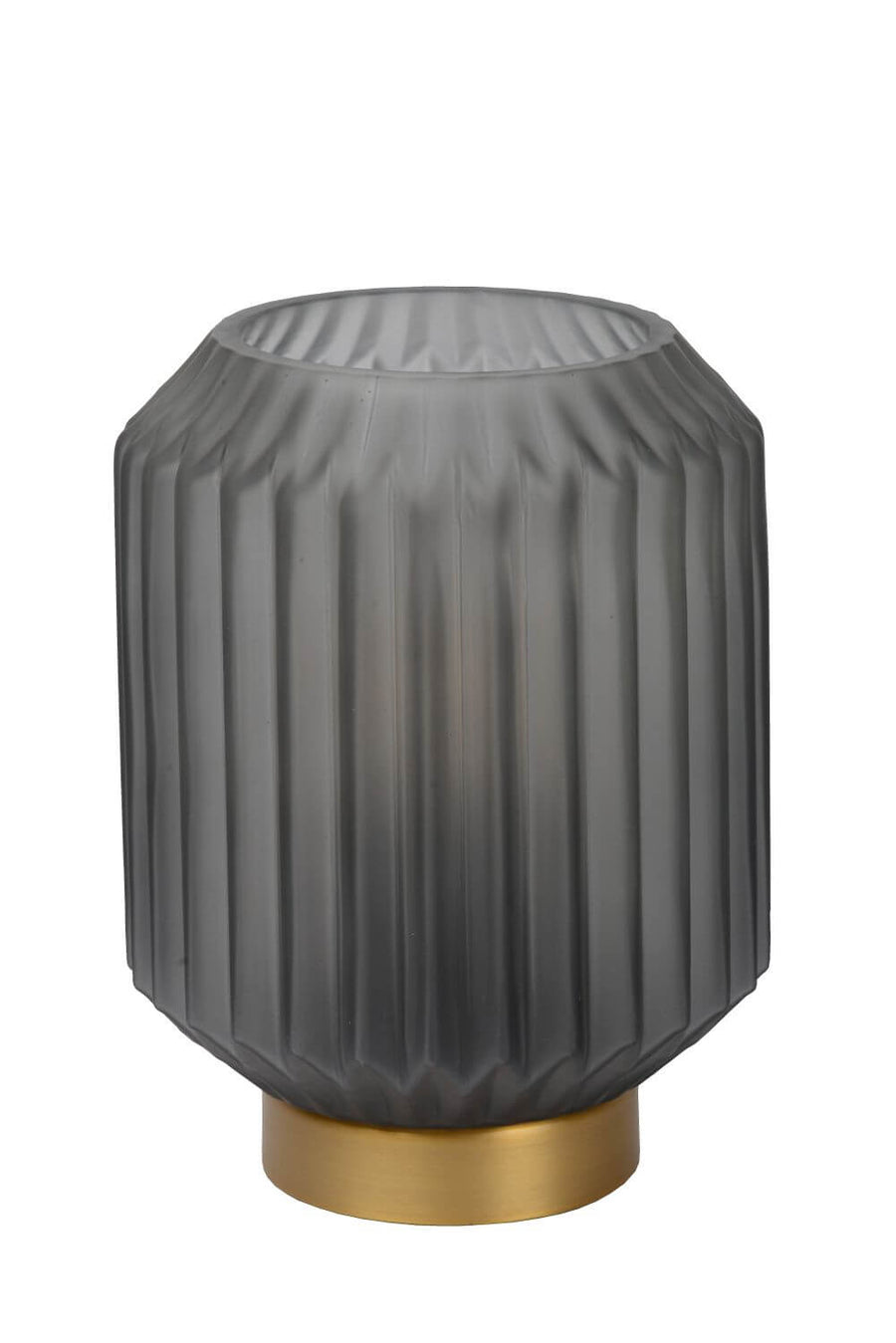 Lampe à poser éteinte, verre gris côtelé et socle doré, présentée sur fond blanc.