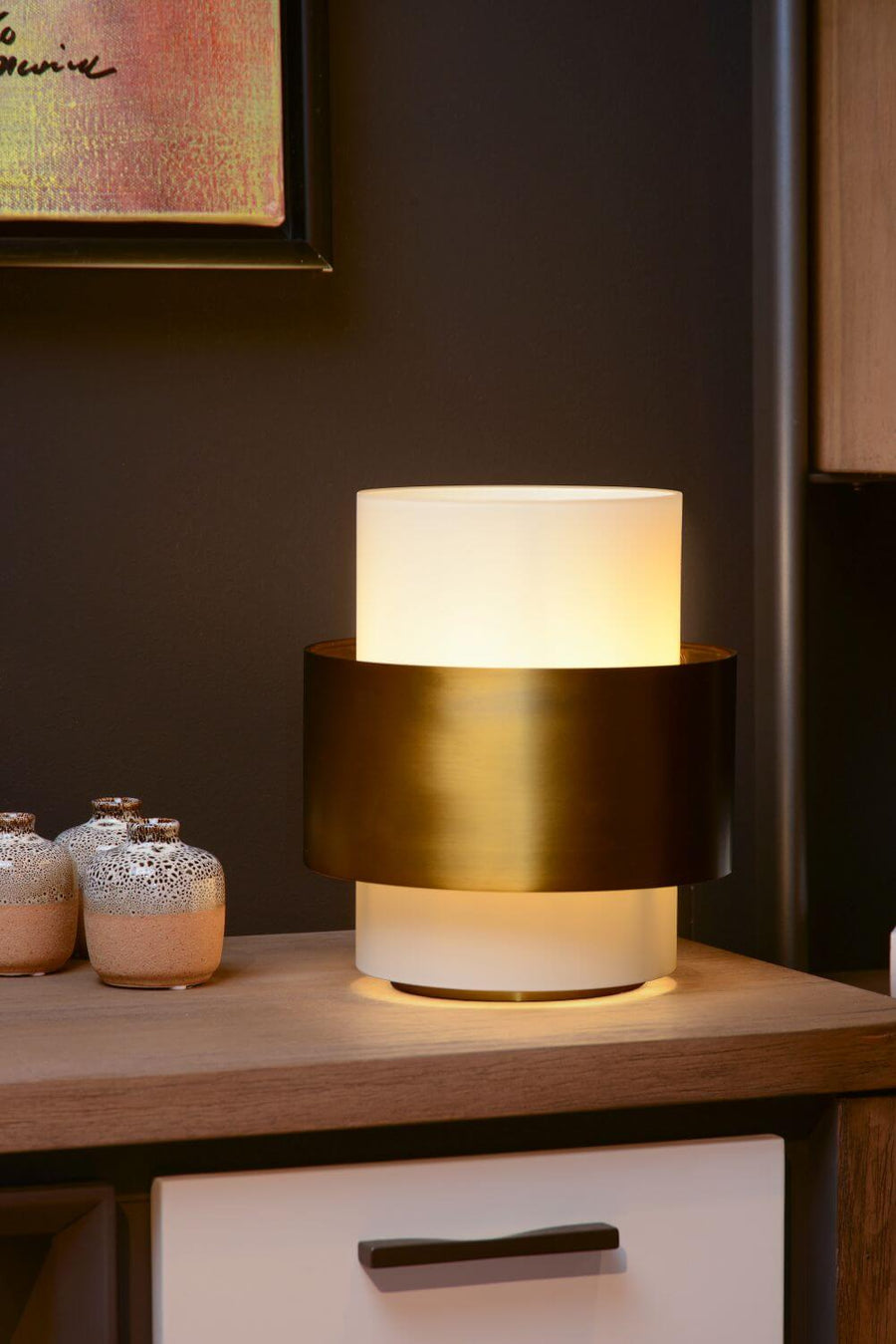 Lampe à poser Firmin dorée mat et opale, verre