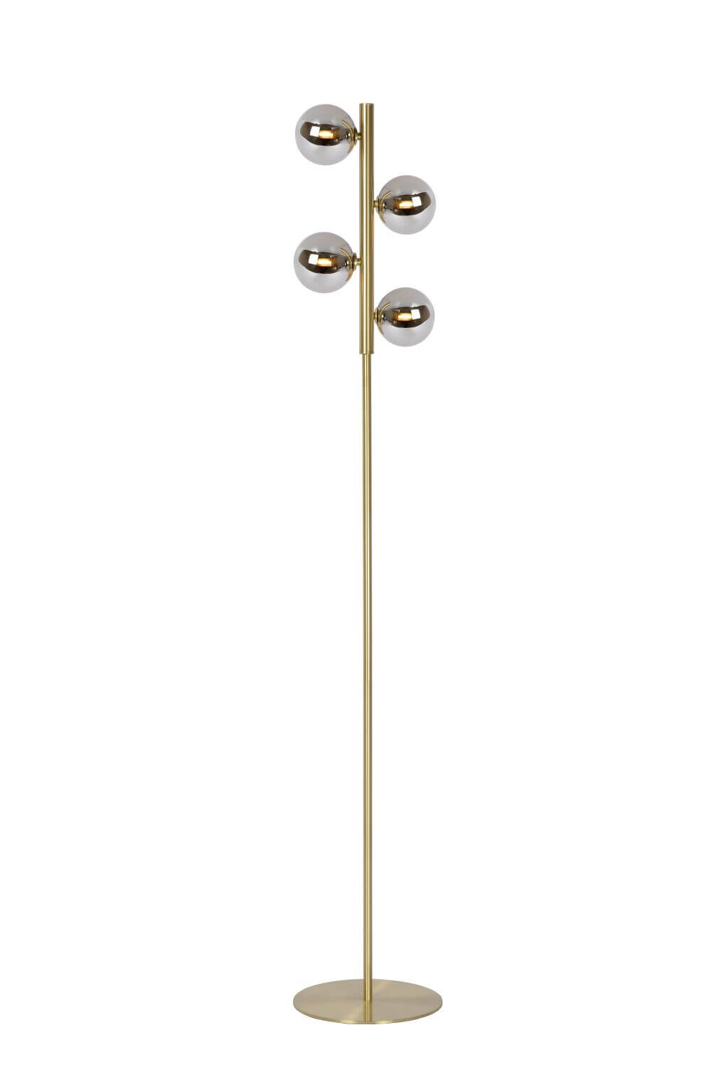 Lampadaire doré présenté de face sur fond blanc avec quatre globes fumés