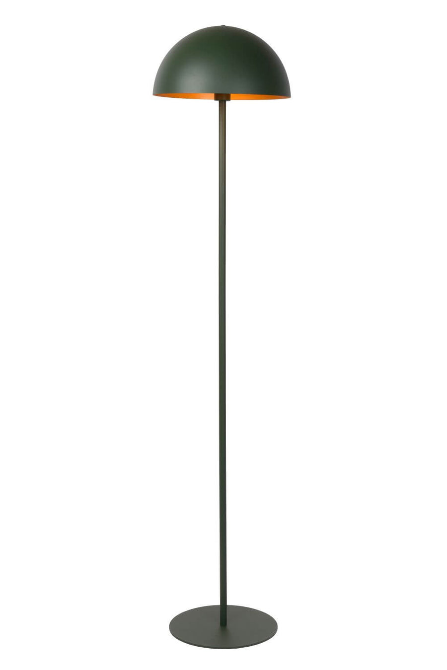 Lampadaire vert de face sur fond blanc, socle plat et tige fine bien visibles