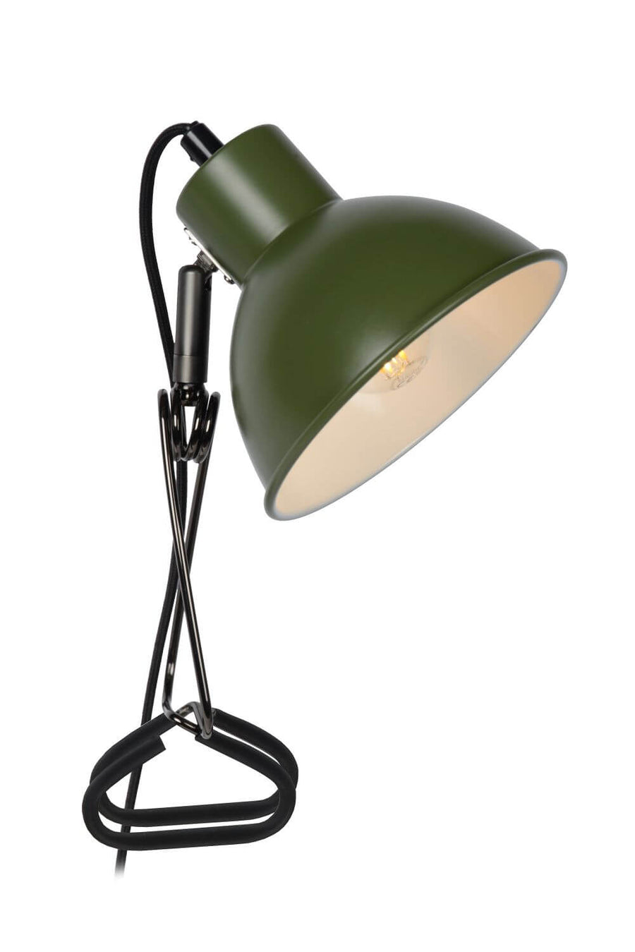 Détail de l'abat-jour vert présentant l'ampoule et le câble noir