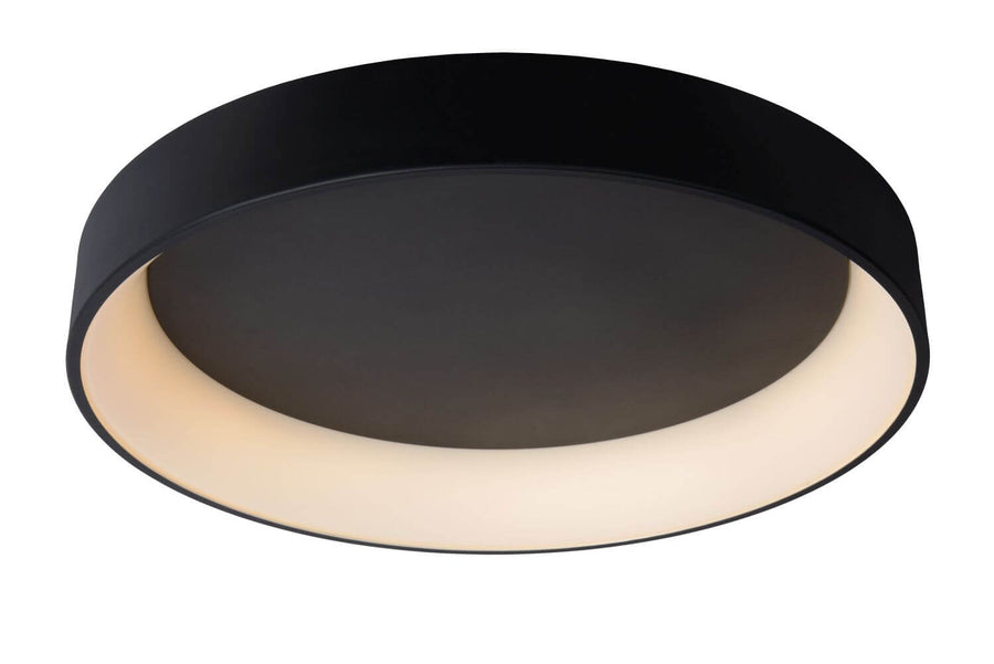 Vue de face du plafonnier rond noir avec diffuseur blanc allumé, fond neutre