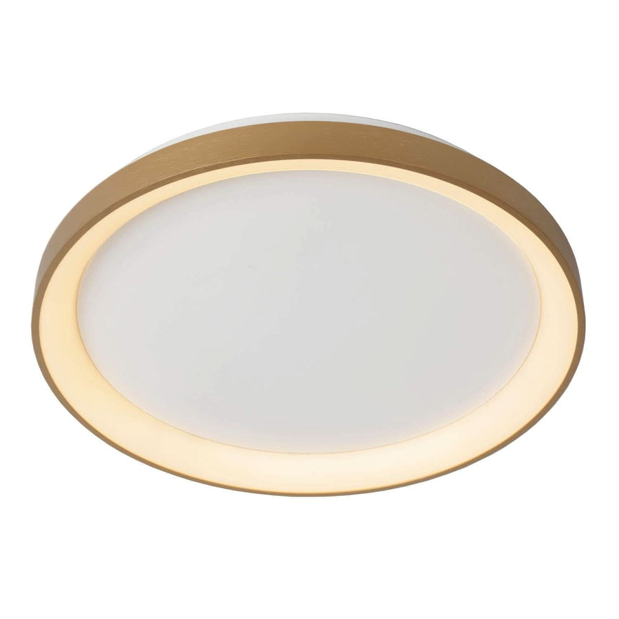 Vue de dessus du plafonnier rond, cerclage doré mat et diffuseur opale lumineux