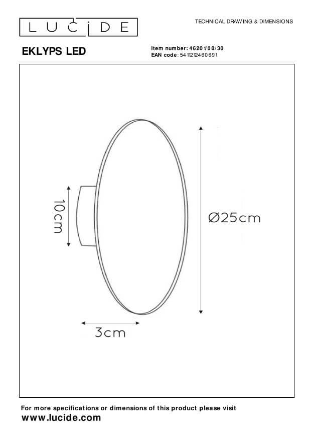 Schéma technique coté : diamètre 25 cm, profondeur 3 cm et base de fixation