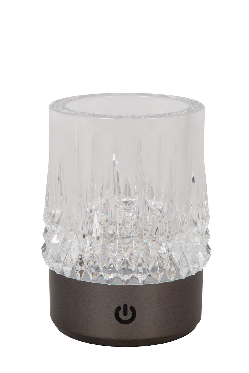 Détail du produit : verre transparent facetté sur socle noir avec bouton tactile