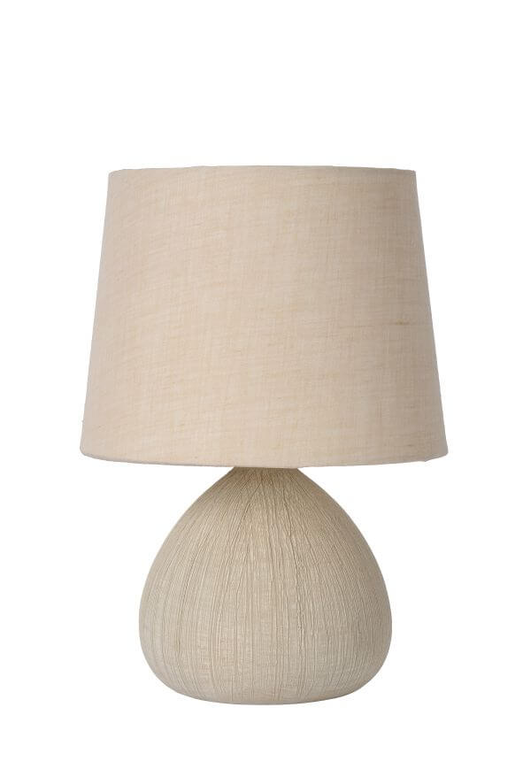 Second plan produit sur fond blanc, lampe beige avec abat-jour tronconique et pied ovale.