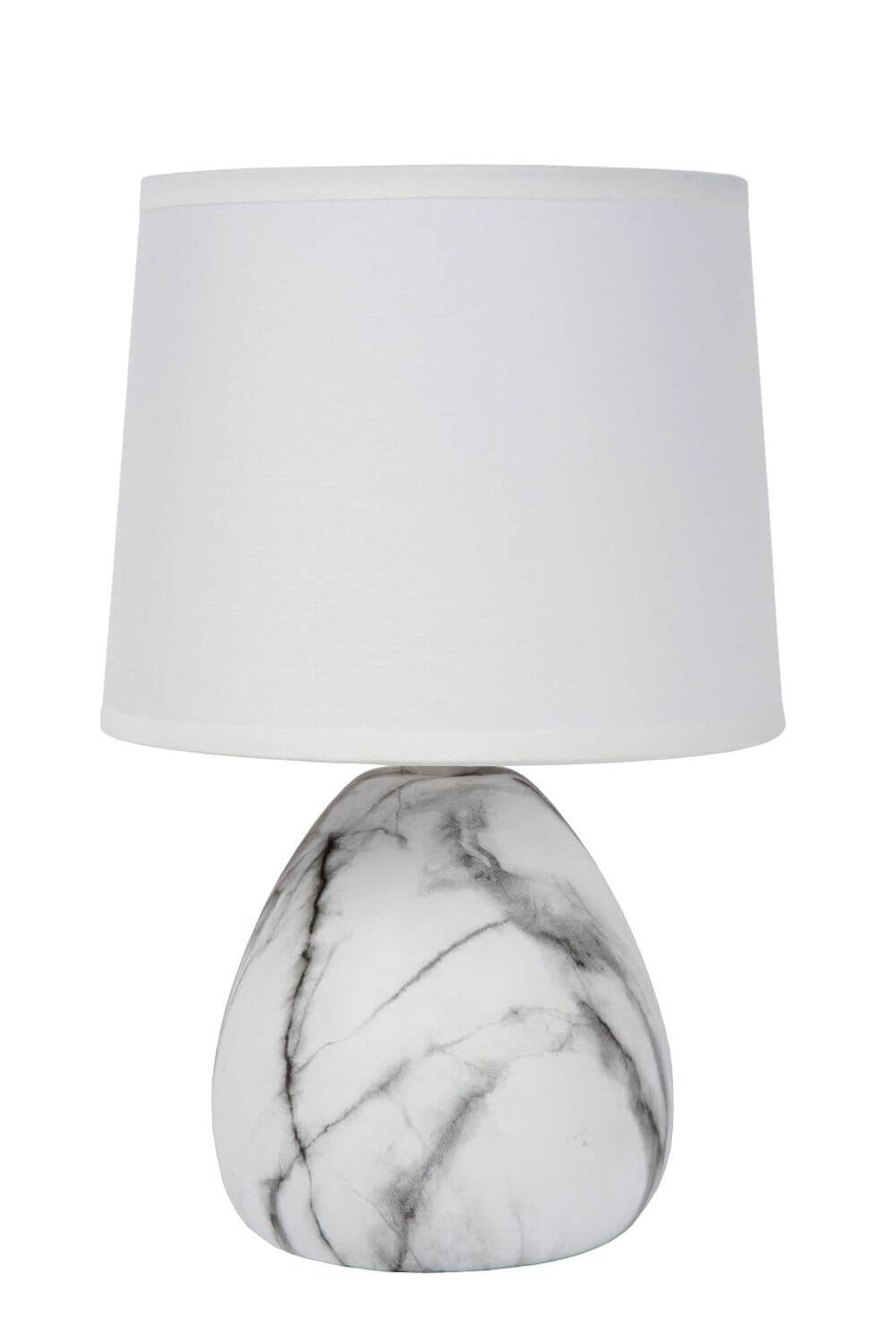 Lampe éteinte de face sur fond blanc, veines grises de la base en marbre