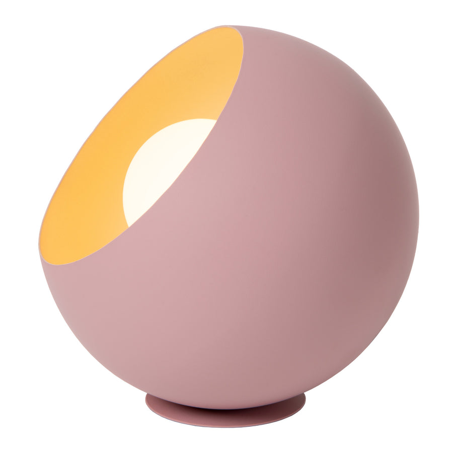 Lampe sphérique rose de face, allumée, montrant son ouverture circulaire et l'intérieur jaune vif.