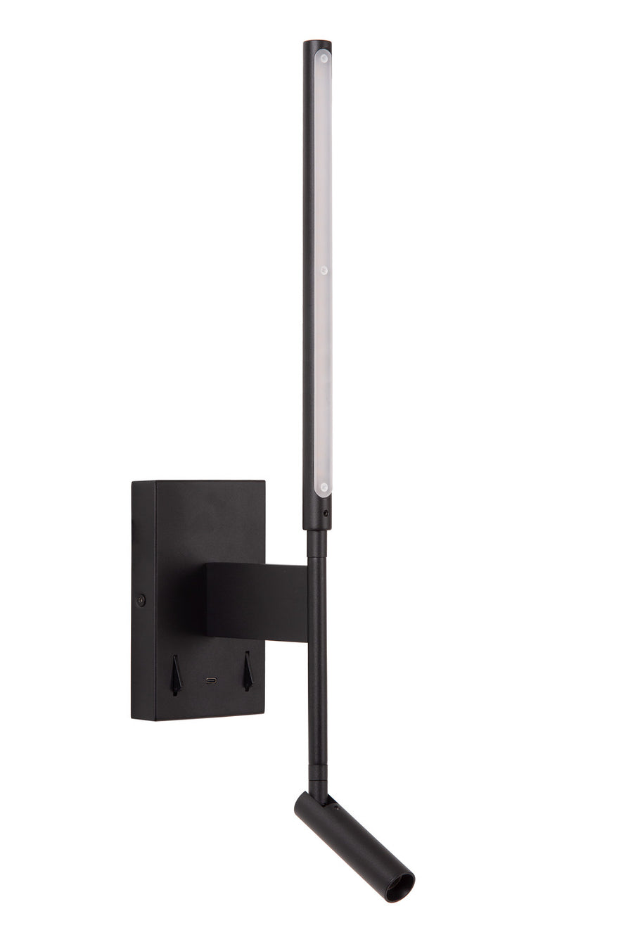 Profil de l'applique murale noire, long tube LED allumé et petit spot réglable vers le sol.