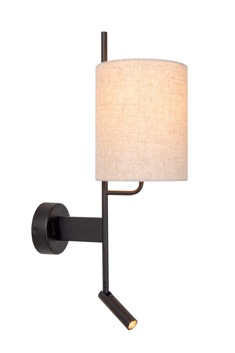 Vue de face du luminaire mural et sa liseuse orientable sous l'abat-jour