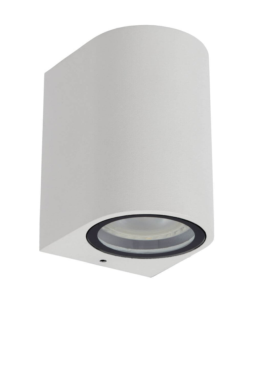 Luminaire blanc incliné vu de dessous, verre transparent et liseré noir éteint.