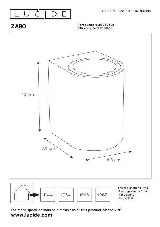 Schéma technique du luminaire avec cotes et indices de protection IP.