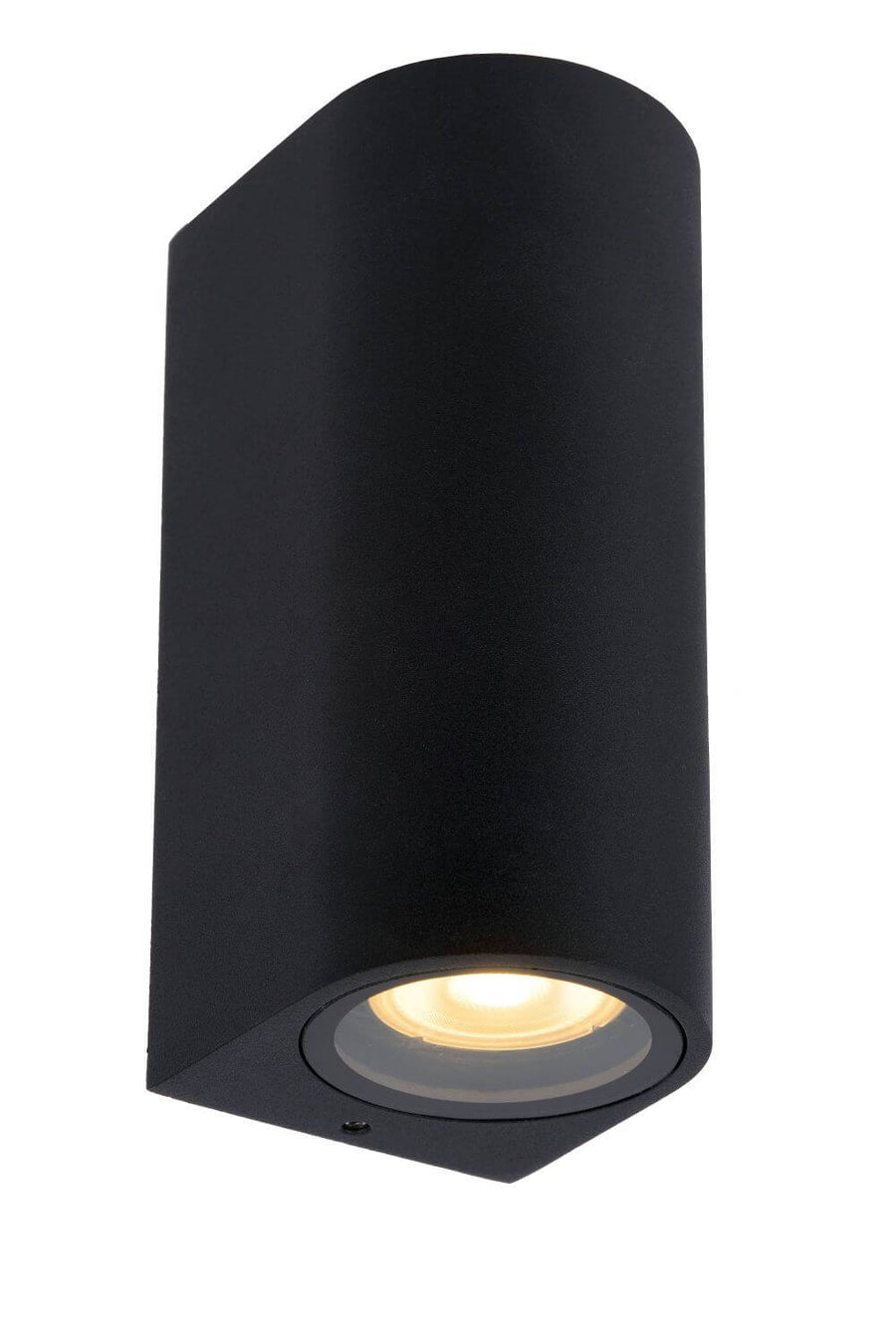 Vue de trois quarts sur fond blanc, applique noire allumée avec diffuseur rond