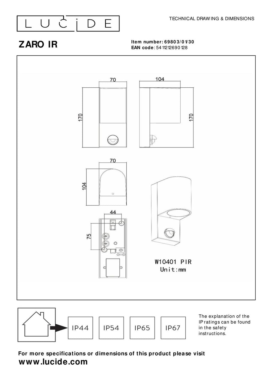 Schéma technique coté de l'applique avec dimensions et indices de protection IP.