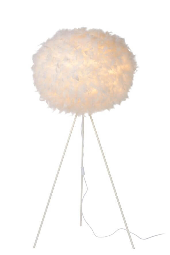 Lampadaire sur pied tripode avec grosse boule en plumes, présenté sur fond blanc.