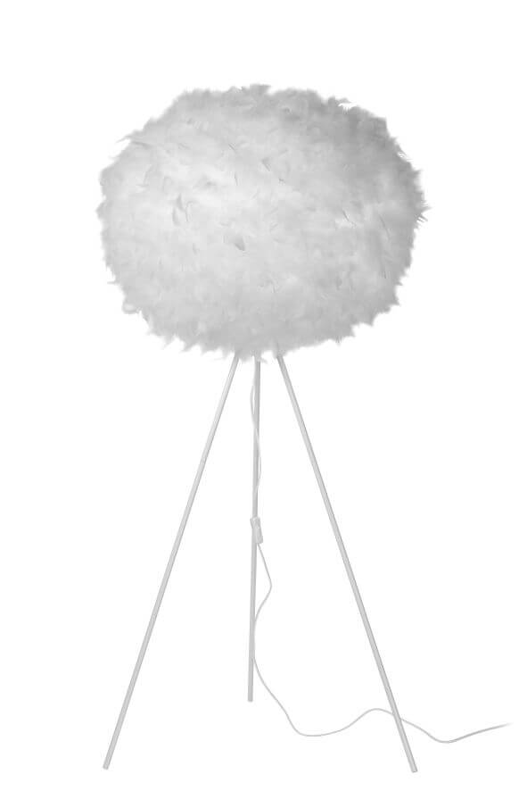 Version non allumée du lampadaire à boule de plumes sur base tripode, fond blanc.