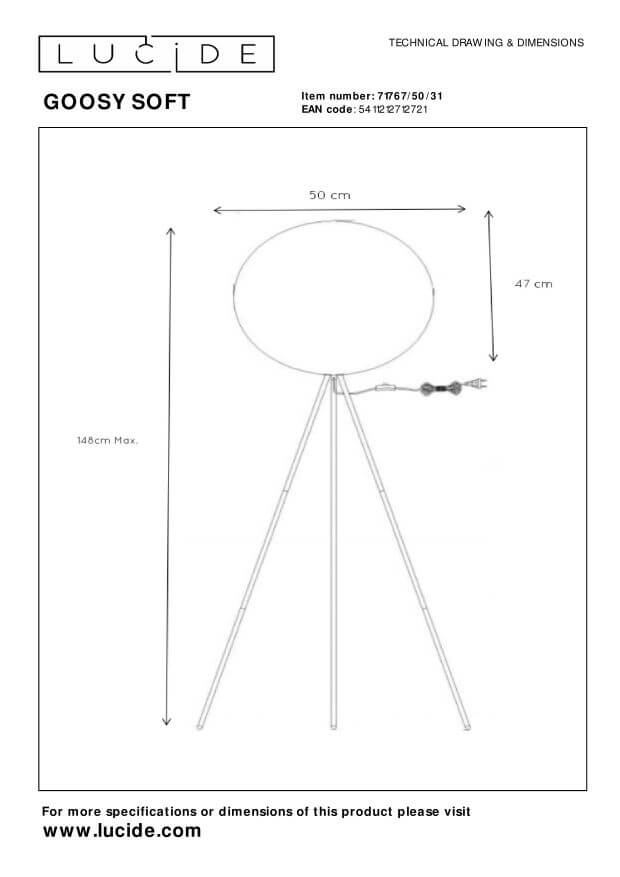 Schéma technique du lampadaire avec les dimensions 50 cm, 47 cm et 148 cm.