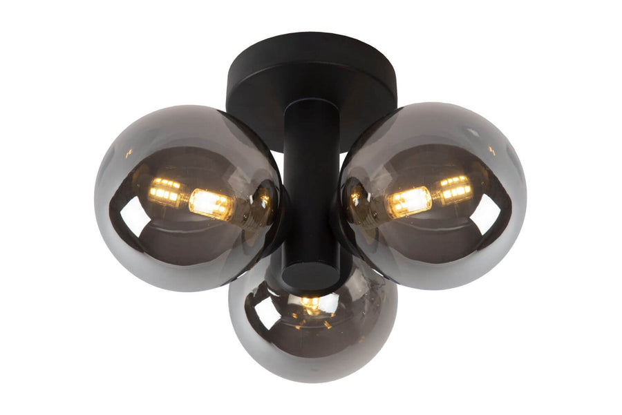 Produit sur fond blanc, plafonnier noir à trois diffuseurs sphériques en verre fumé.